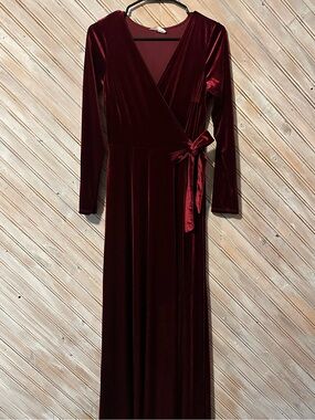 Soprano Deep Red Burgundy Velvet Wrap Floor Length Maxi Dress Bow Tie Waist